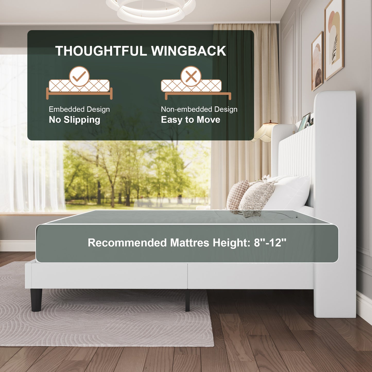 Amolife Bed Frame with Advanced 4-in-1 Charging Hub (2 AC Outlets, 1 Type-C, 1 USB) & Storage Shelf, Upholstered Velvet Wingback Headboard