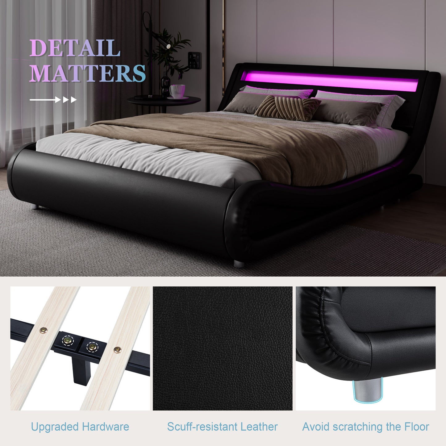 Wave Like Curve Deluxe Upholstered Modern Bed Frame with LED Headboard