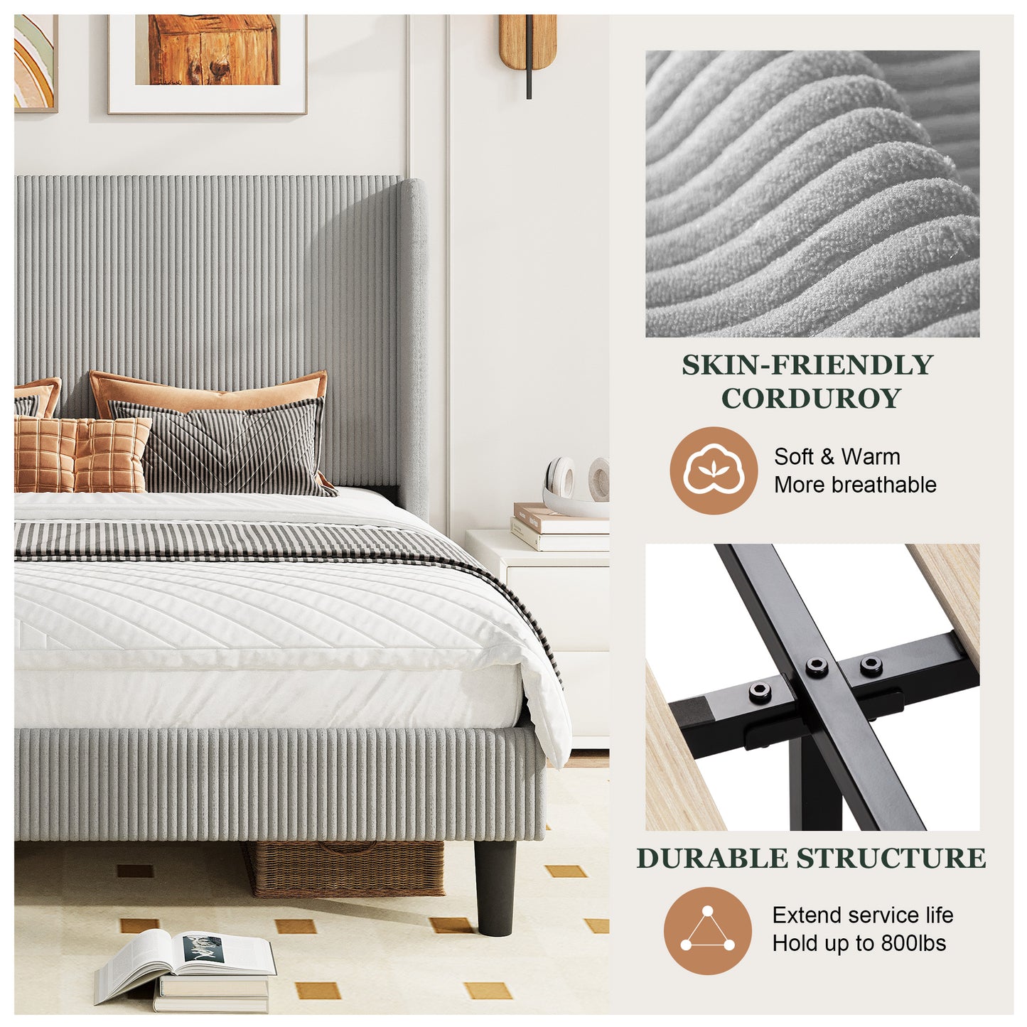 Amolife platform Bed Frame with Upholstered Wingback Headboard, Vertical Channel Tufted Corduroy Velvet