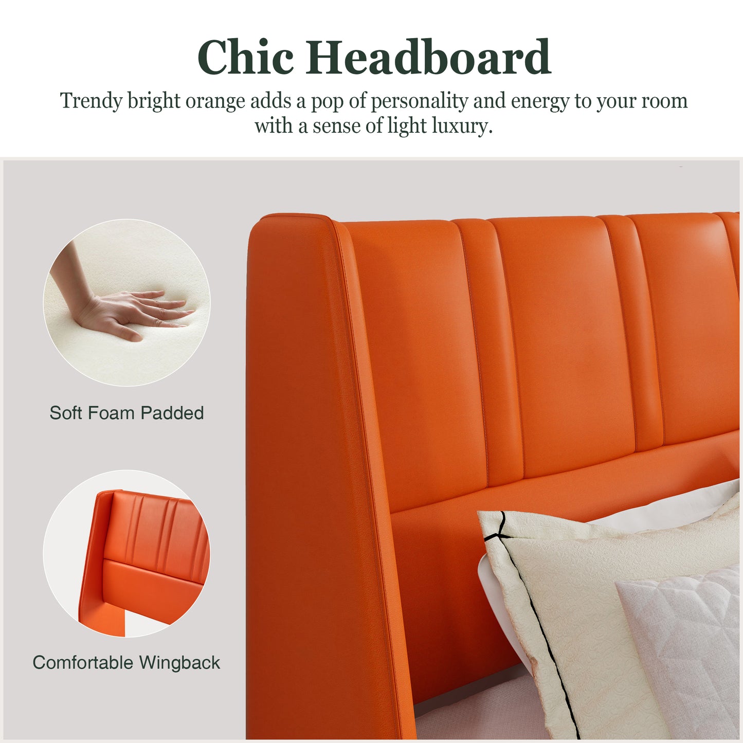 Queen Size Faux Leather Platform Bed Frame with Luxurious Wingback Headboard,Orange
