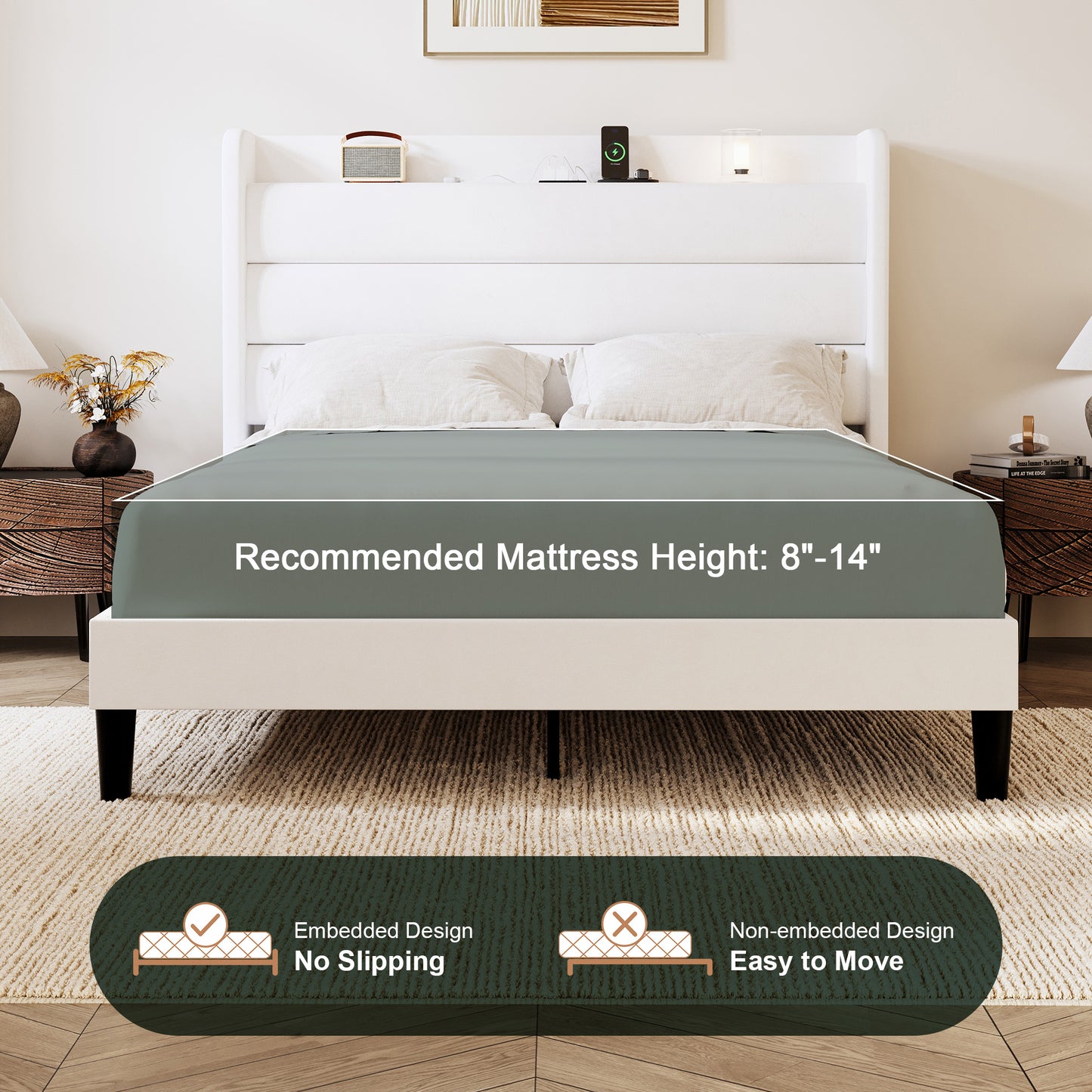 Amolife Platform Bed Frame with Upholstered Velvet Wingback Slat Headboard & Built-In Charging Station