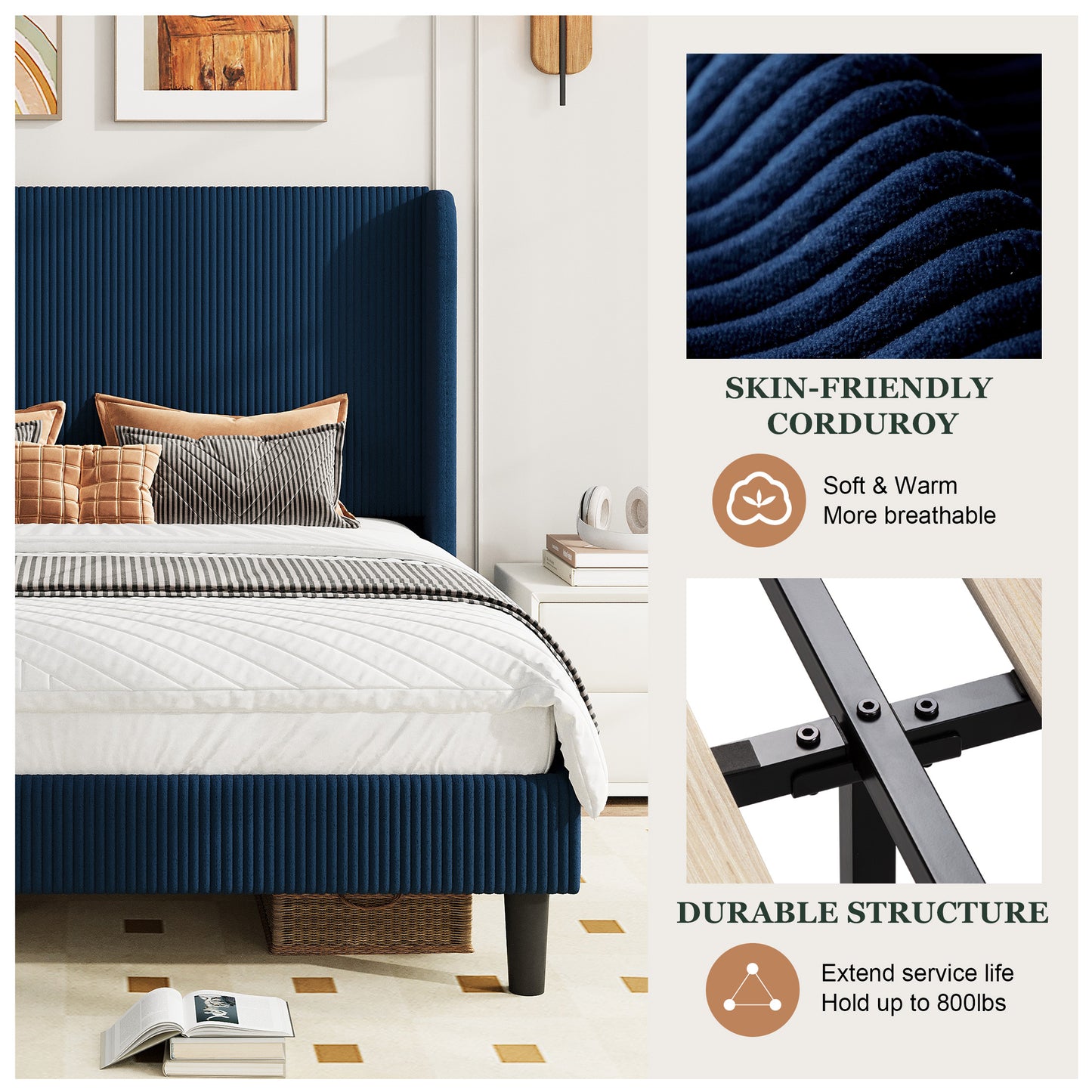 Amolife platform Bed Frame with Upholstered Wingback Headboard, Vertical Channel Tufted Corduroy Velvet