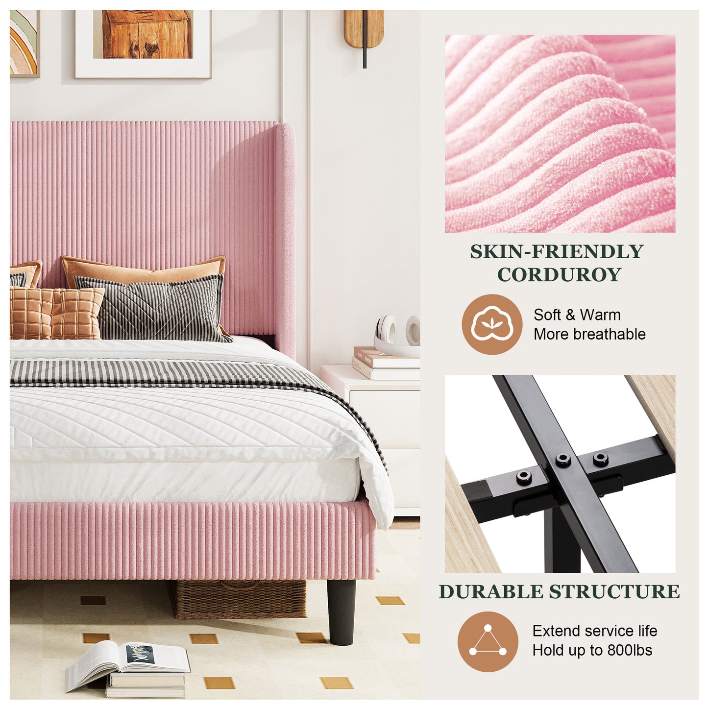 Amolife platform Bed Frame with Upholstered Wingback Headboard, Vertical Channel Tufted Corduroy Velvet