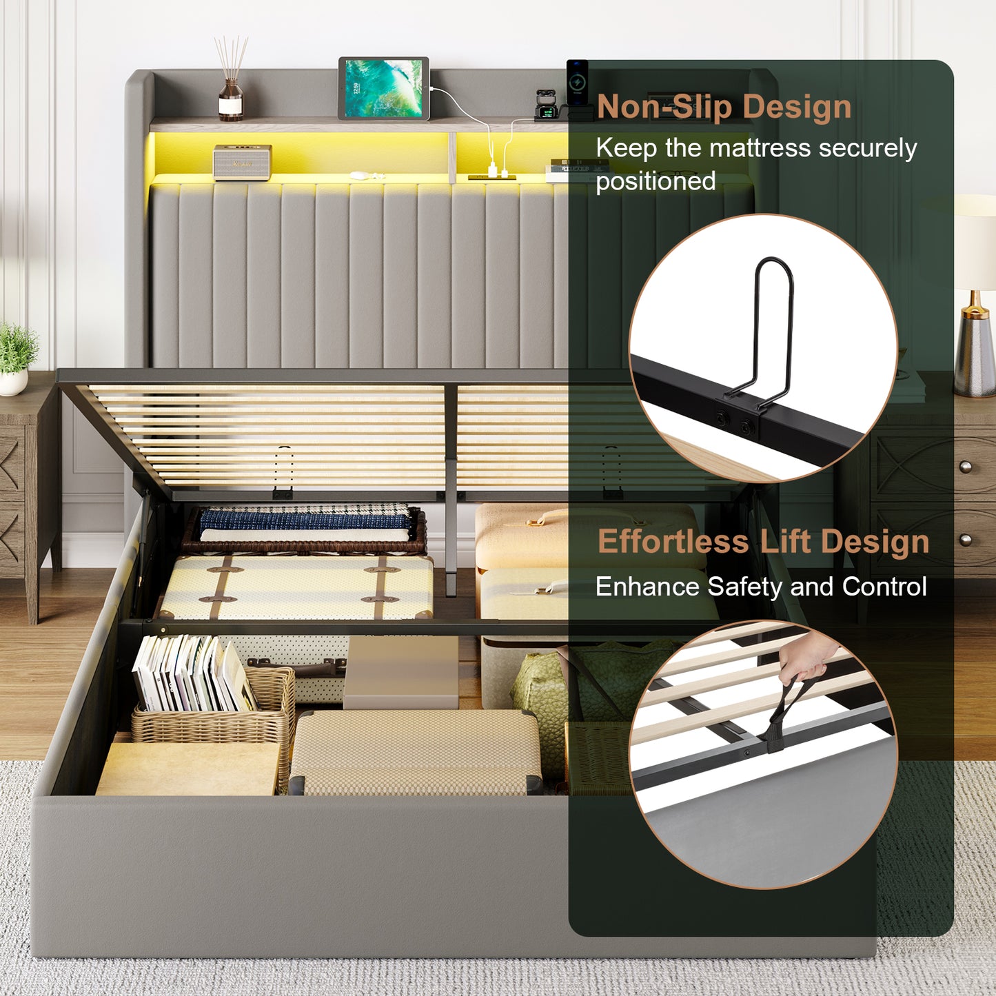 Amolife Hydraulic Lift-Up Storage Bed Frame, LED Headboard with Fast Charging (USB/Type-C), 2-Tier Shelves & Velvet Upholstered