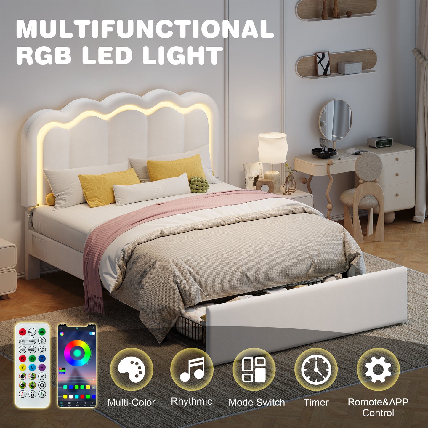 Amolife LED Bed Frame with Drawer, Velvet Upholstered Platform Bed Frame with Adjustable Wavy Headboard