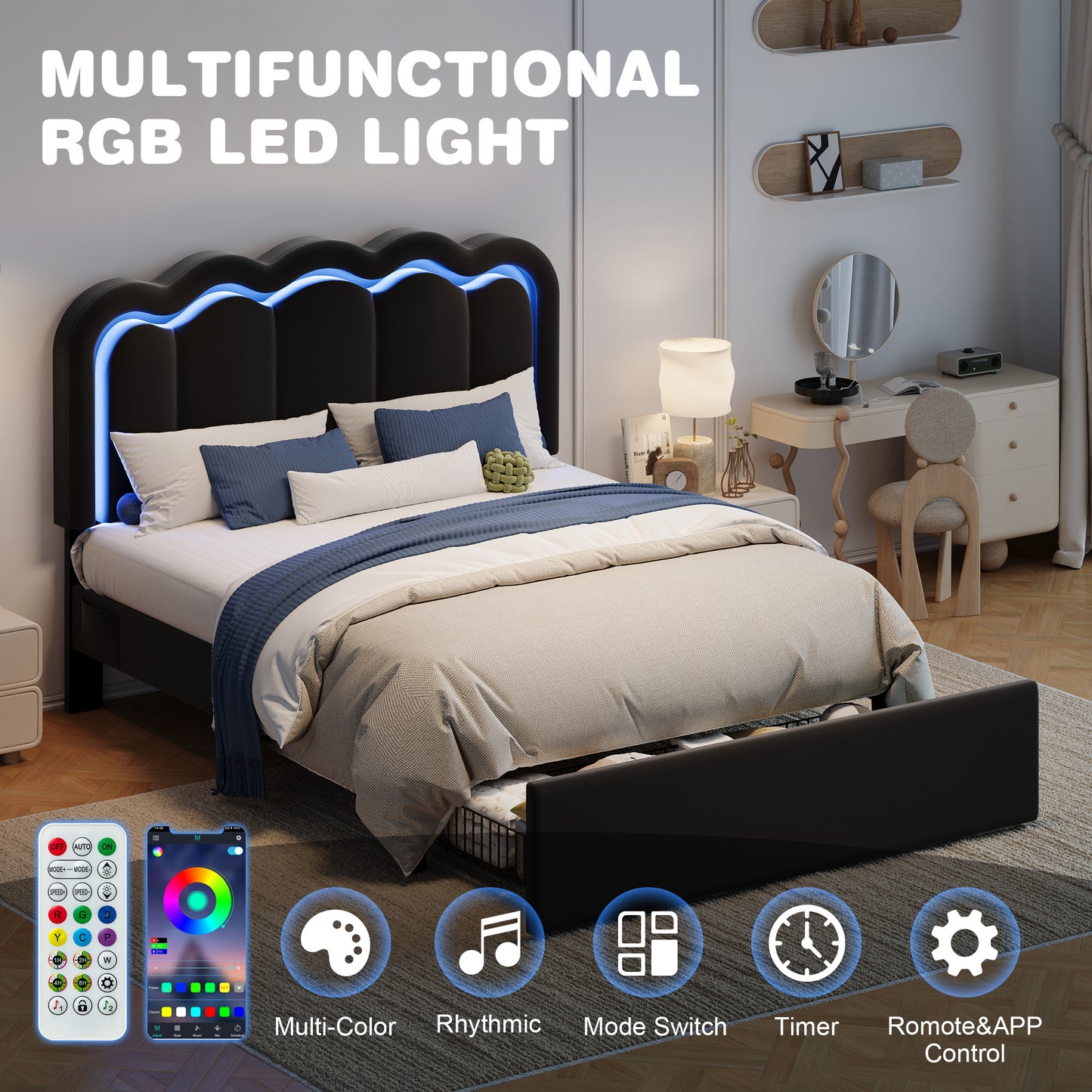Amolife LED Bed Frame with Drawer, Velvet Upholstered Platform Bed Frame with Adjustable Wavy Headboard