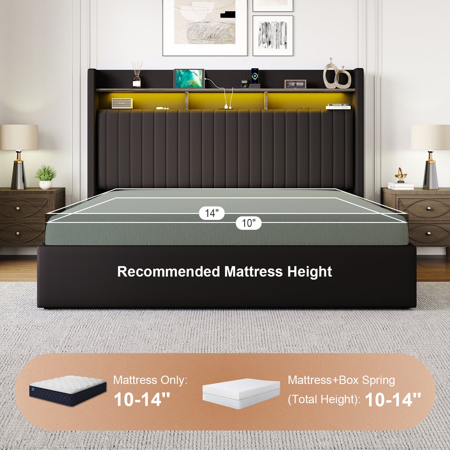 Amolife Hydraulic Lift-Up Storage Bed Frame, LED Headboard with Fast Charging (USB/Type-C), 2-Tier Shelves & Velvet Upholstered