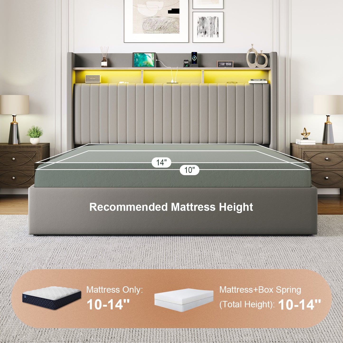 Amolife Hydraulic Lift-Up Storage Bed Frame, LED Headboard with Fast Charging (USB/Type-C), 2-Tier Shelves & Velvet Upholstered