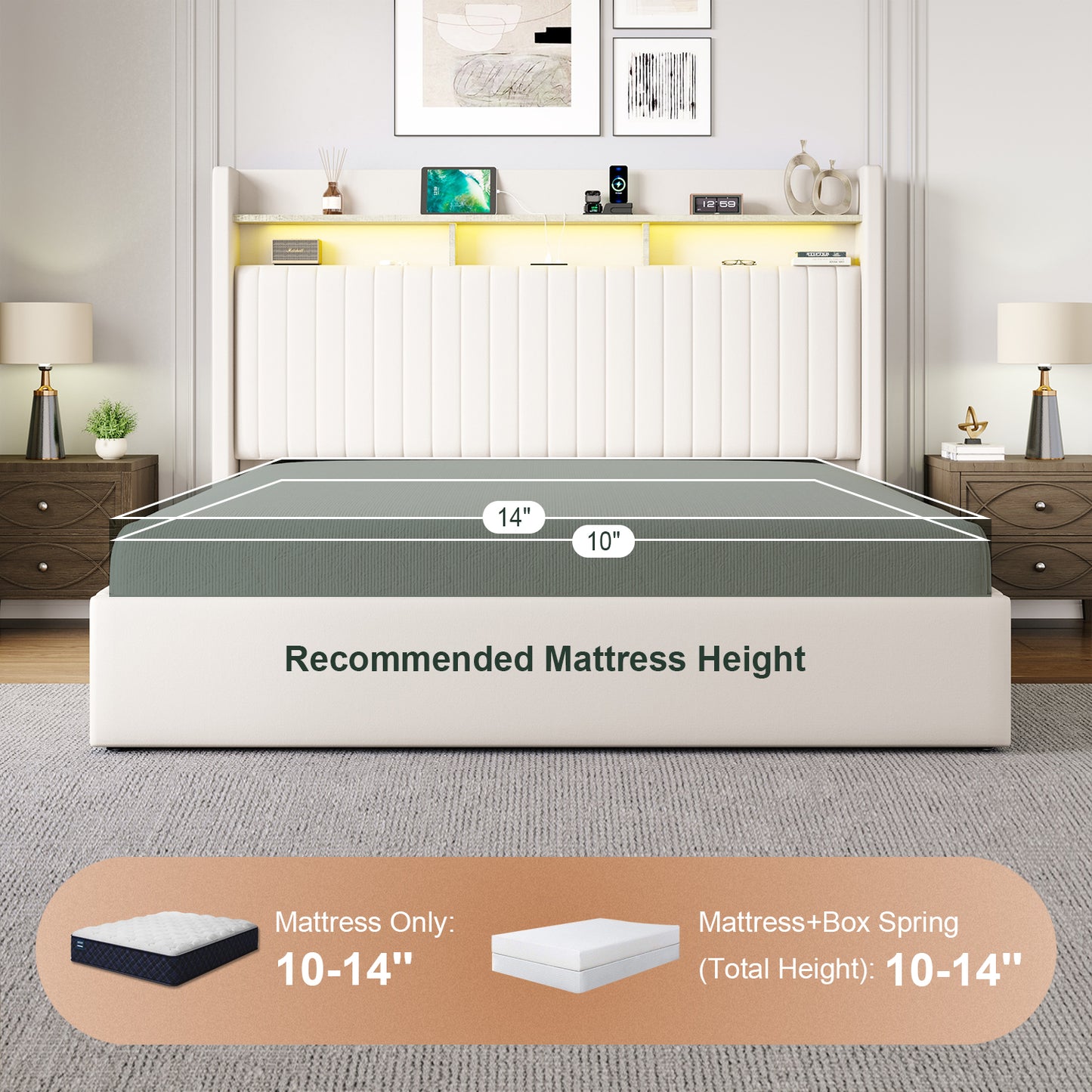 Amolife Hydraulic Lift-Up Storage Bed Frame, LED Headboard with Fast Charging (USB/Type-C), 2-Tier Shelves & Velvet Upholstered