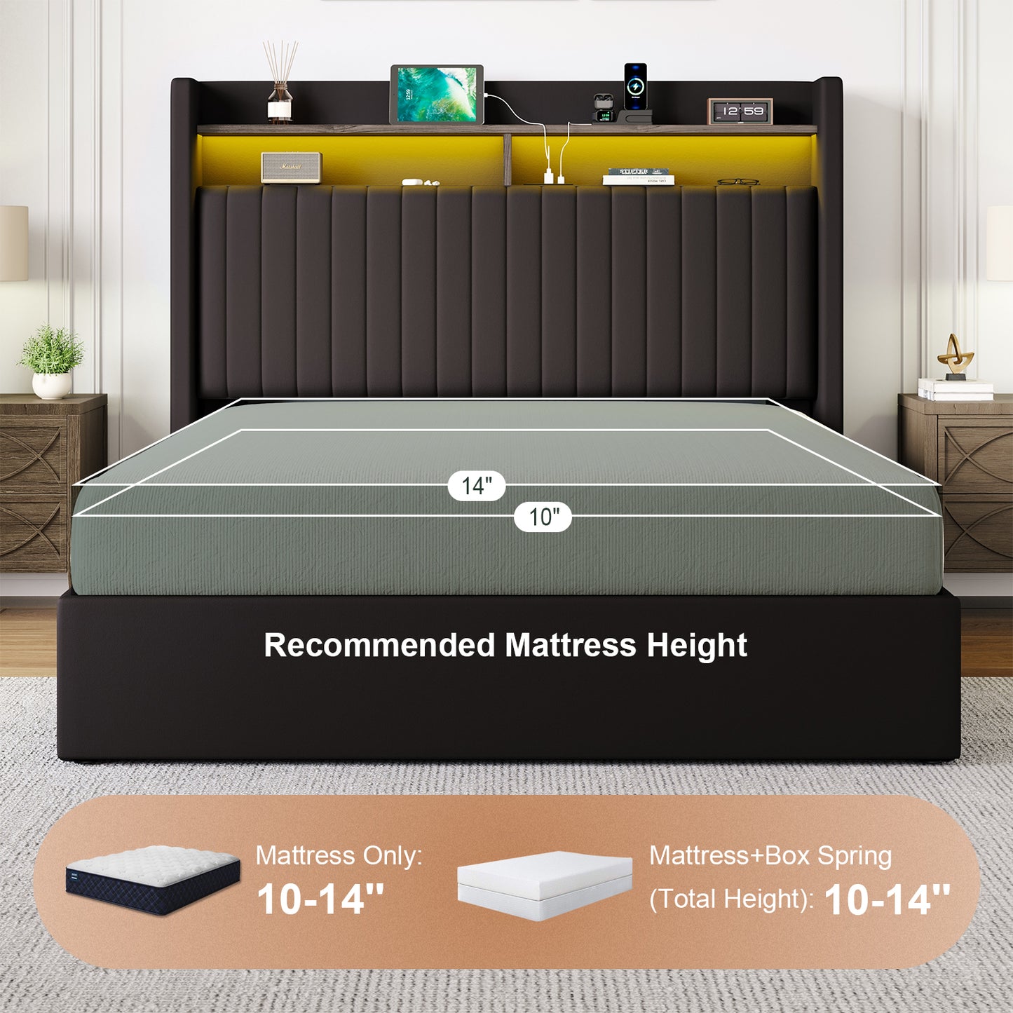 Amolife Hydraulic Lift-Up Storage Bed Frame, LED Headboard with Fast Charging (USB/Type-C), 2-Tier Shelves & Velvet Upholstered