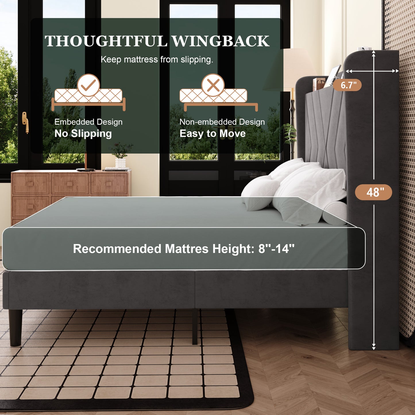 Amolife Platform Bed Frame with 4-in-1 Charging Station & Storage Shelf, Upholstered Velvet Wingback Headboard