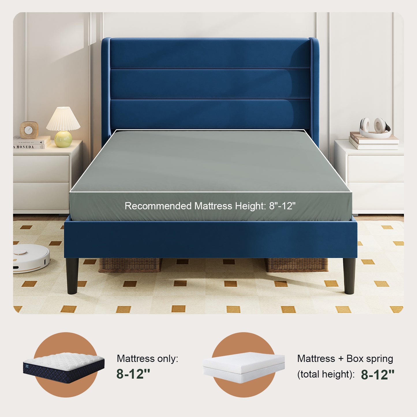 Amolife Platform Bed Frame with Velvet Upholstered Wingback Headboard