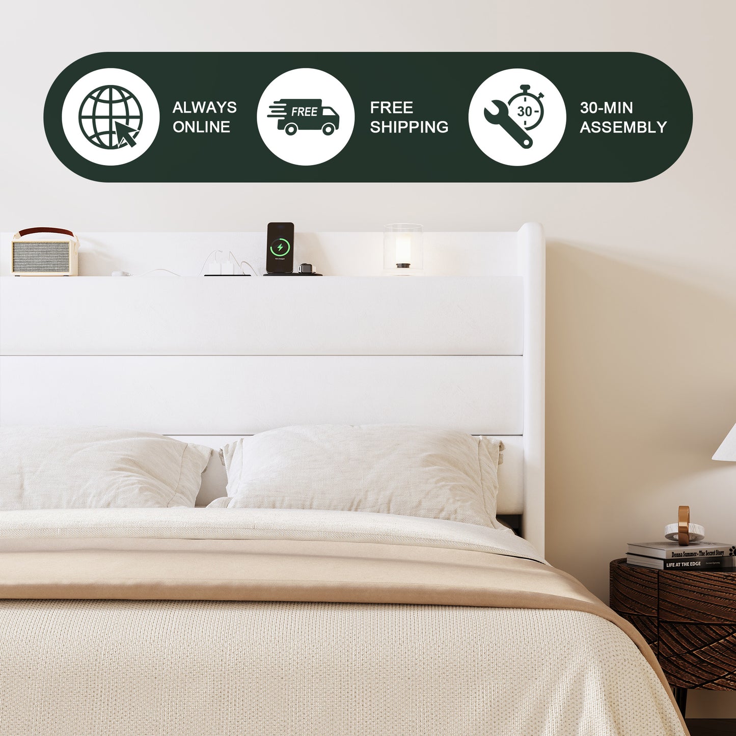 Amolife Platform Bed Frame with Upholstered Velvet Wingback Slat Headboard & Built-In Charging Station