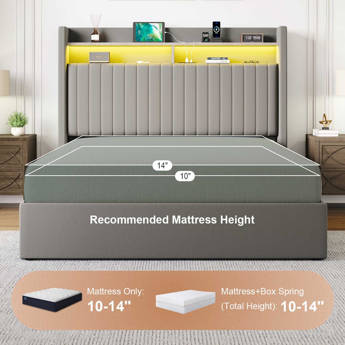 Amolife Hydraulic Lift-Up Storage Bed Frame, LED Headboard with Fast Charging (USB/Type-C), 2-Tier Shelves & Velvet Upholstered