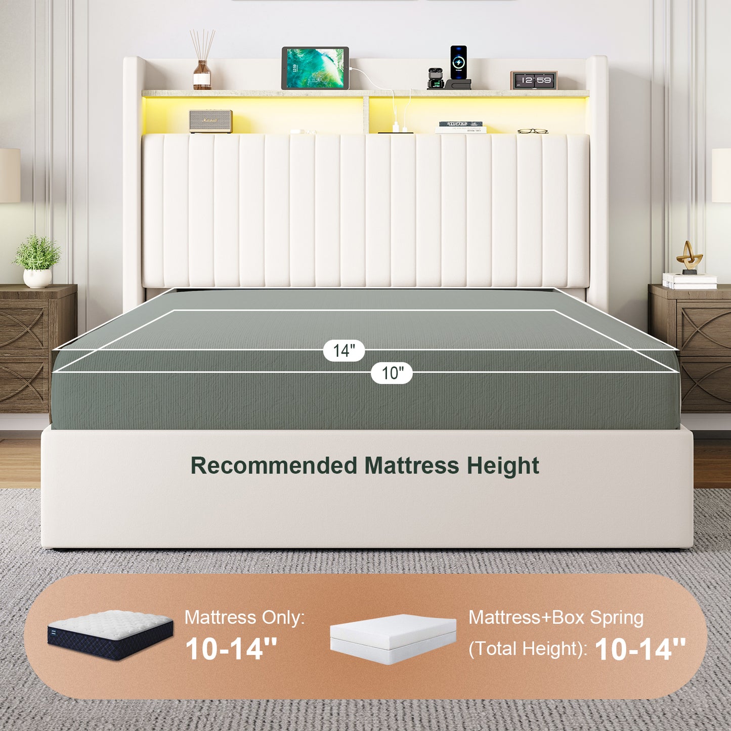 Amolife Hydraulic Lift-Up Storage Bed Frame, LED Headboard with Fast Charging (USB/Type-C), 2-Tier Shelves & Velvet Upholstered