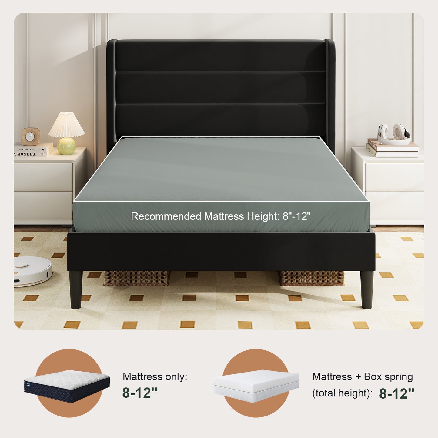Amolife Platform Bed Frame with Velvet Upholstered Wingback Headboard
