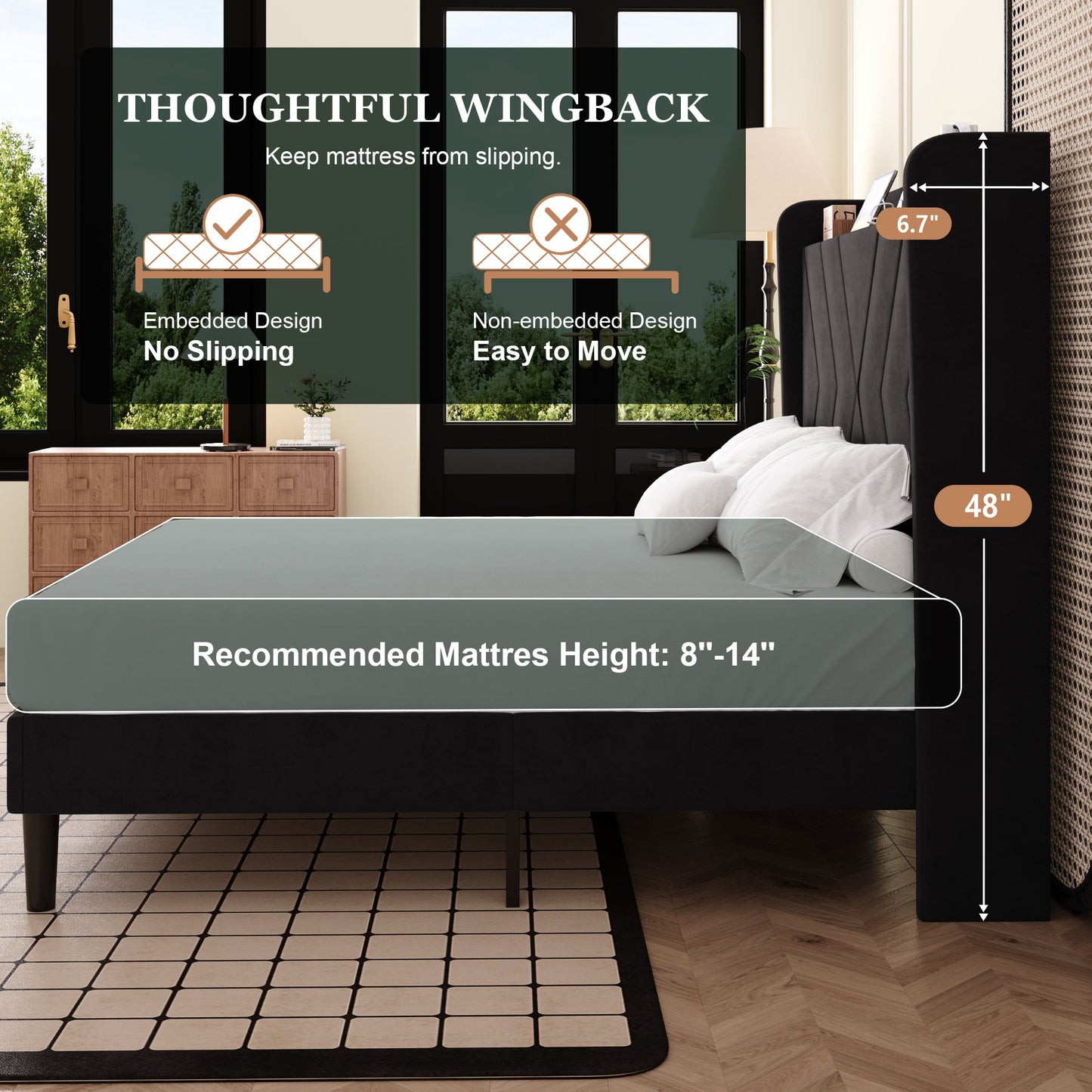 Amolife Platform Bed Frame with 4-in-1 Charging Station & Storage Shelf, Upholstered Velvet Wingback Headboard