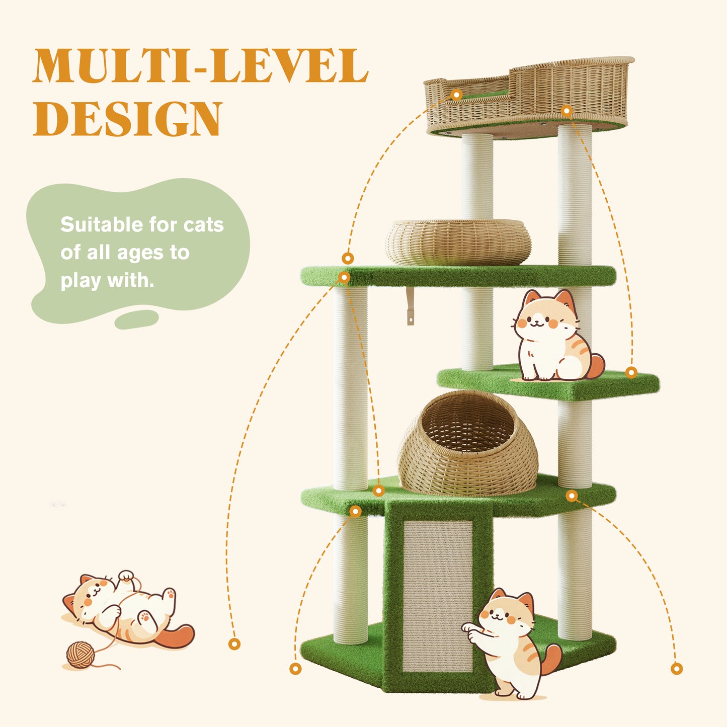 Amolife 57" Large Cat Tree Tower with Teddy Fleece Rattan Condo, Scratching Ramp and Posts for Indoor Cats and kittens, Green