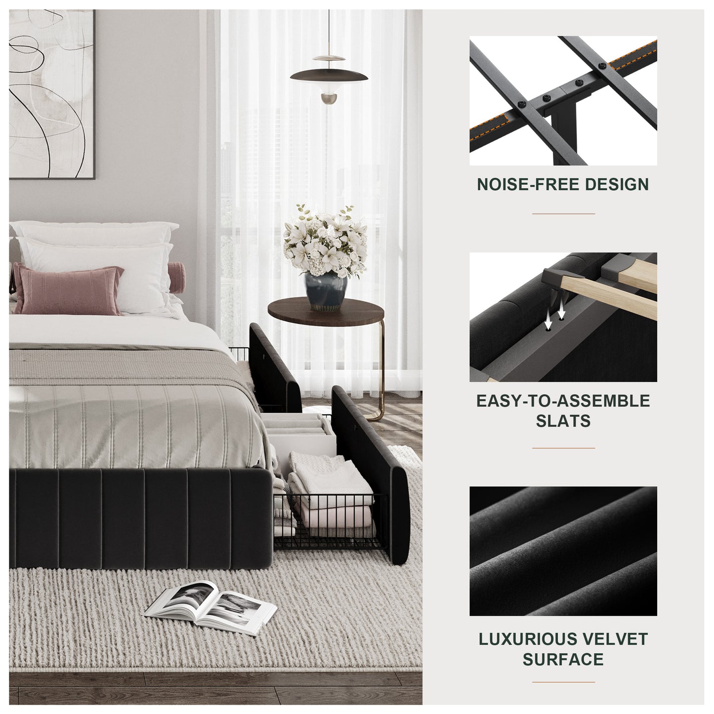 Amolife Bed Frame, Platform Storage Bed with 4 Large Velvet Storage Drawers, Wooden Slats