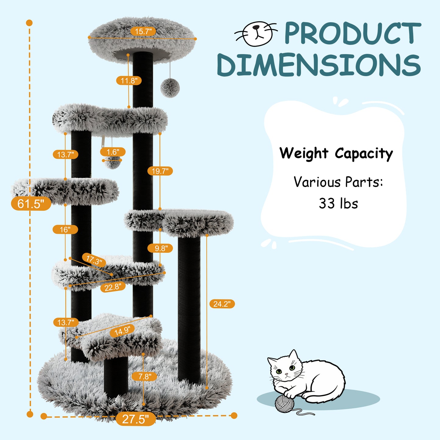 Amolife 61.5" Large Plush Cat Tree Tower with Platforms, 2 Toy Balls with bells, Scratching Posts and Widened Base for Indoor Cats and Kittens, Black and White