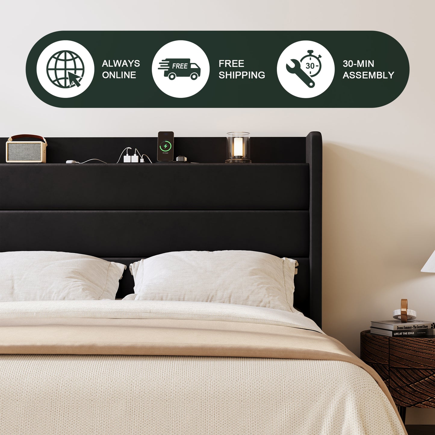 Amolife Platform Bed Frame with Upholstered Velvet Wingback Slat Headboard & Built-In Charging Station