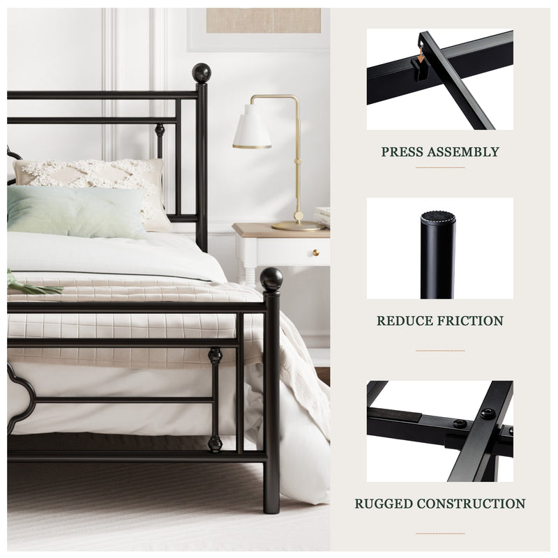 Queen Size Metal Bed Frame with Vintage Cross Pattern Headboard and Footboard, Black