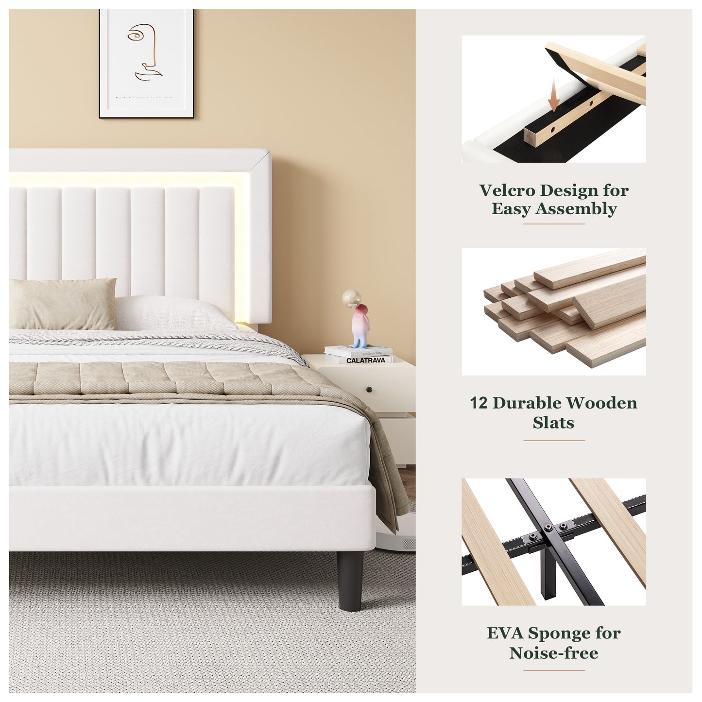 Amolife Bed Frame, Platform Bed with LED Light Velvet Vertical Channel Upholstered Headboard