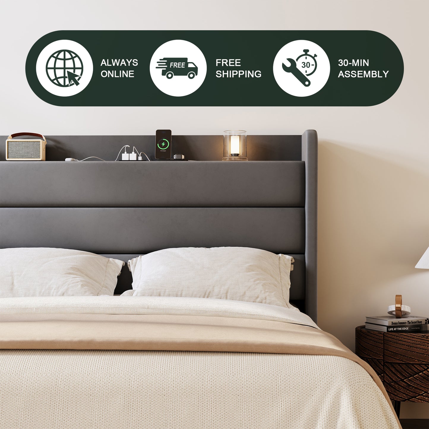 Amolife Platform Bed Frame with Upholstered Velvet Wingback Slat Headboard & Built-In Charging Station