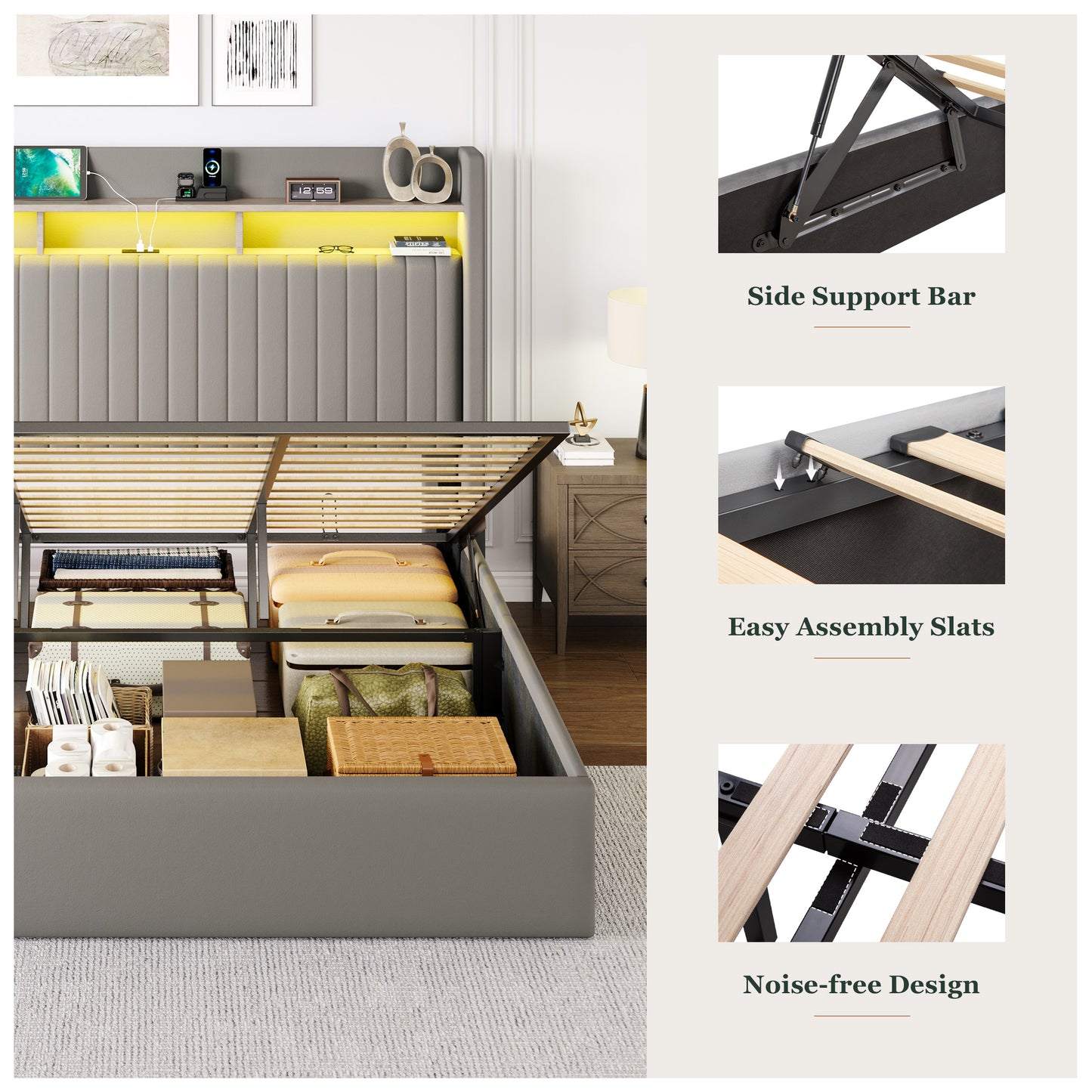 Amolife Hydraulic Lift-Up Storage Bed Frame, LED Headboard with Fast Charging (USB/Type-C), 2-Tier Shelves & Velvet Upholstered