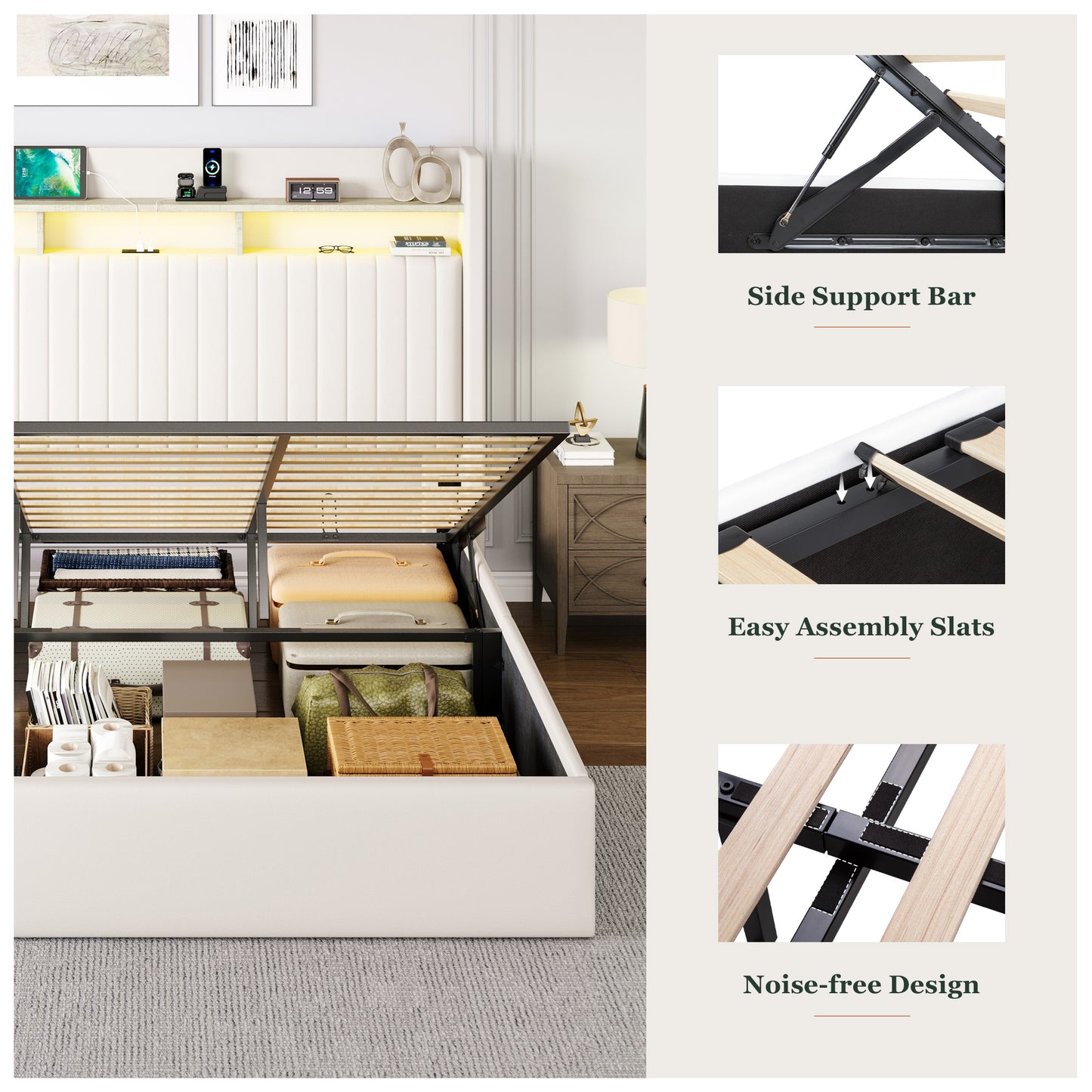 Amolife Hydraulic Lift-Up Storage Bed Frame, LED Headboard with Fast Charging (USB/Type-C), 2-Tier Shelves & Velvet Upholstered