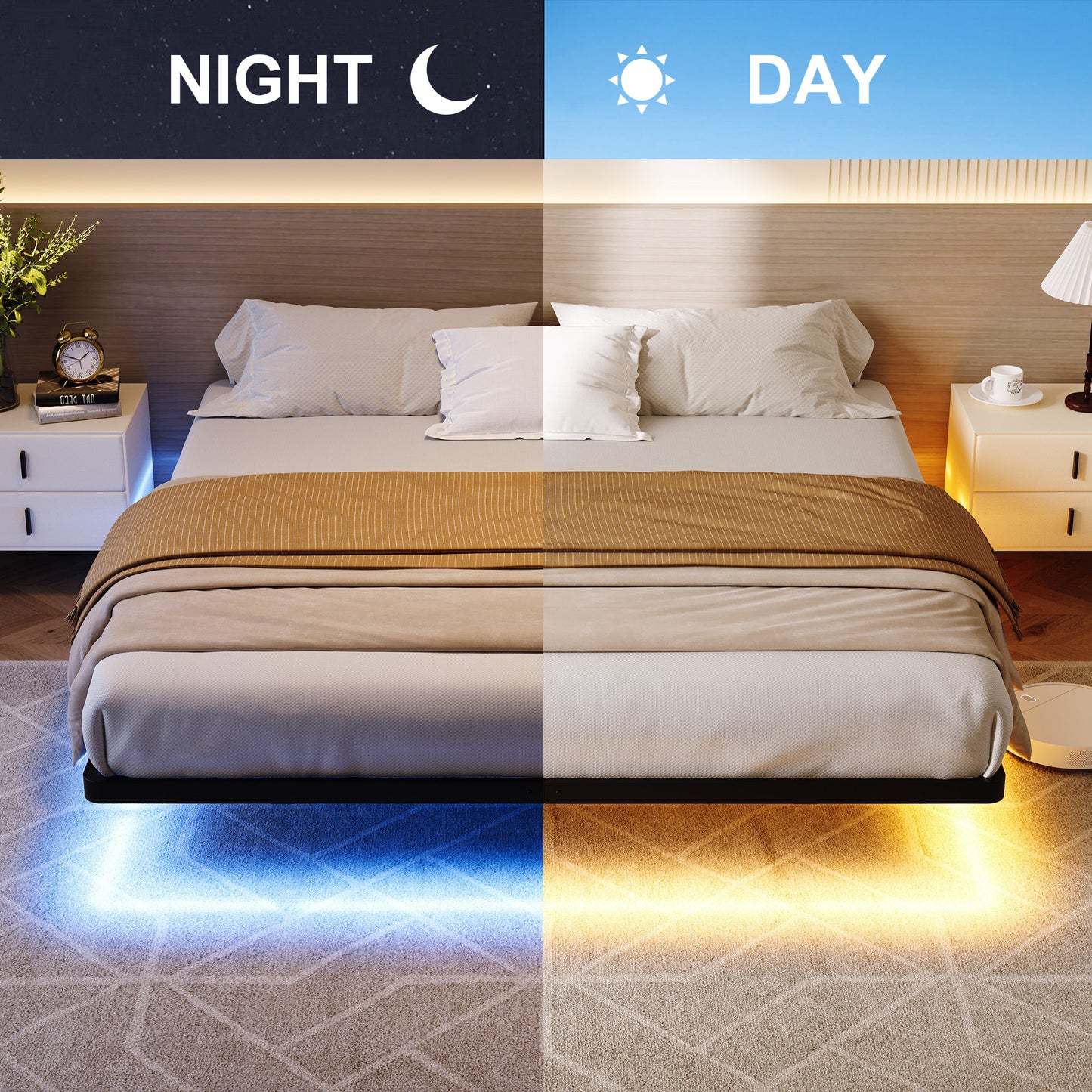 Amolife Heavy Duty Floating Bed Frame with Smart LED Lights and Charging Station