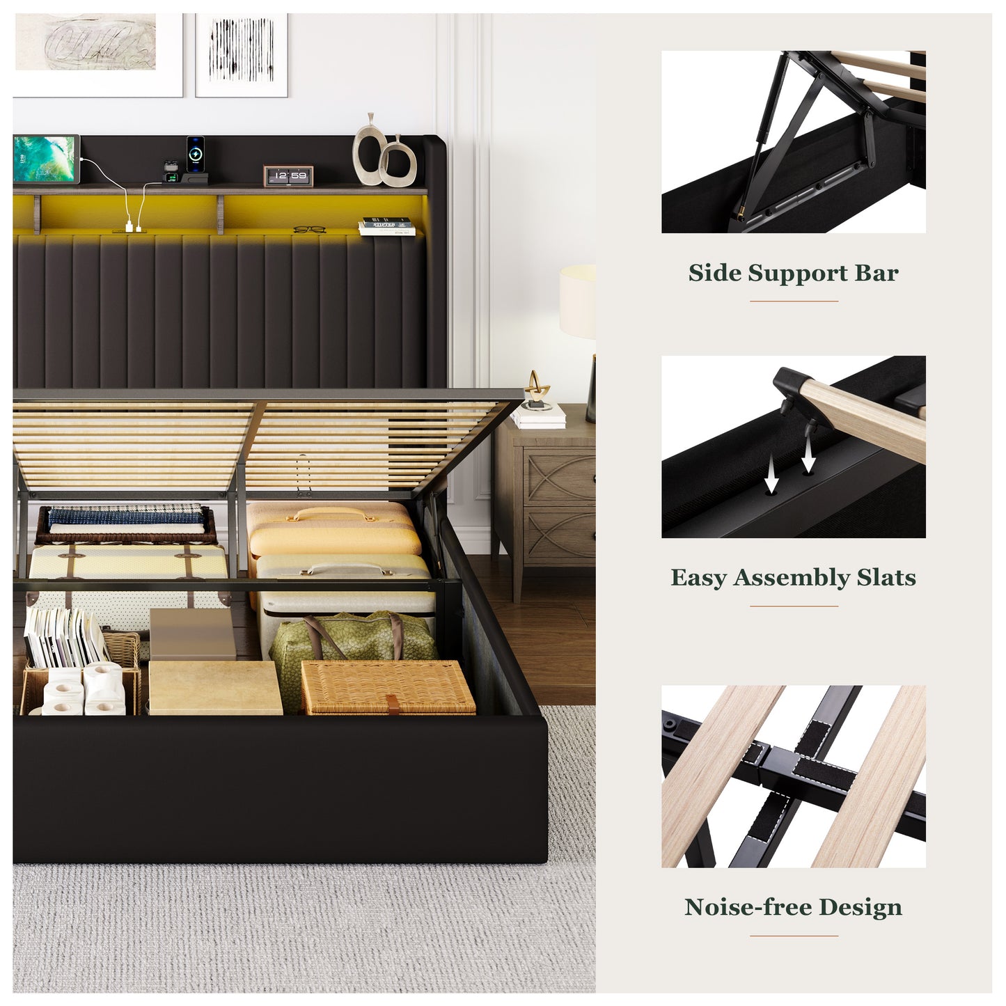 Amolife Hydraulic Lift-Up Storage Bed Frame, LED Headboard with Fast Charging (USB/Type-C), 2-Tier Shelves & Velvet Upholstered