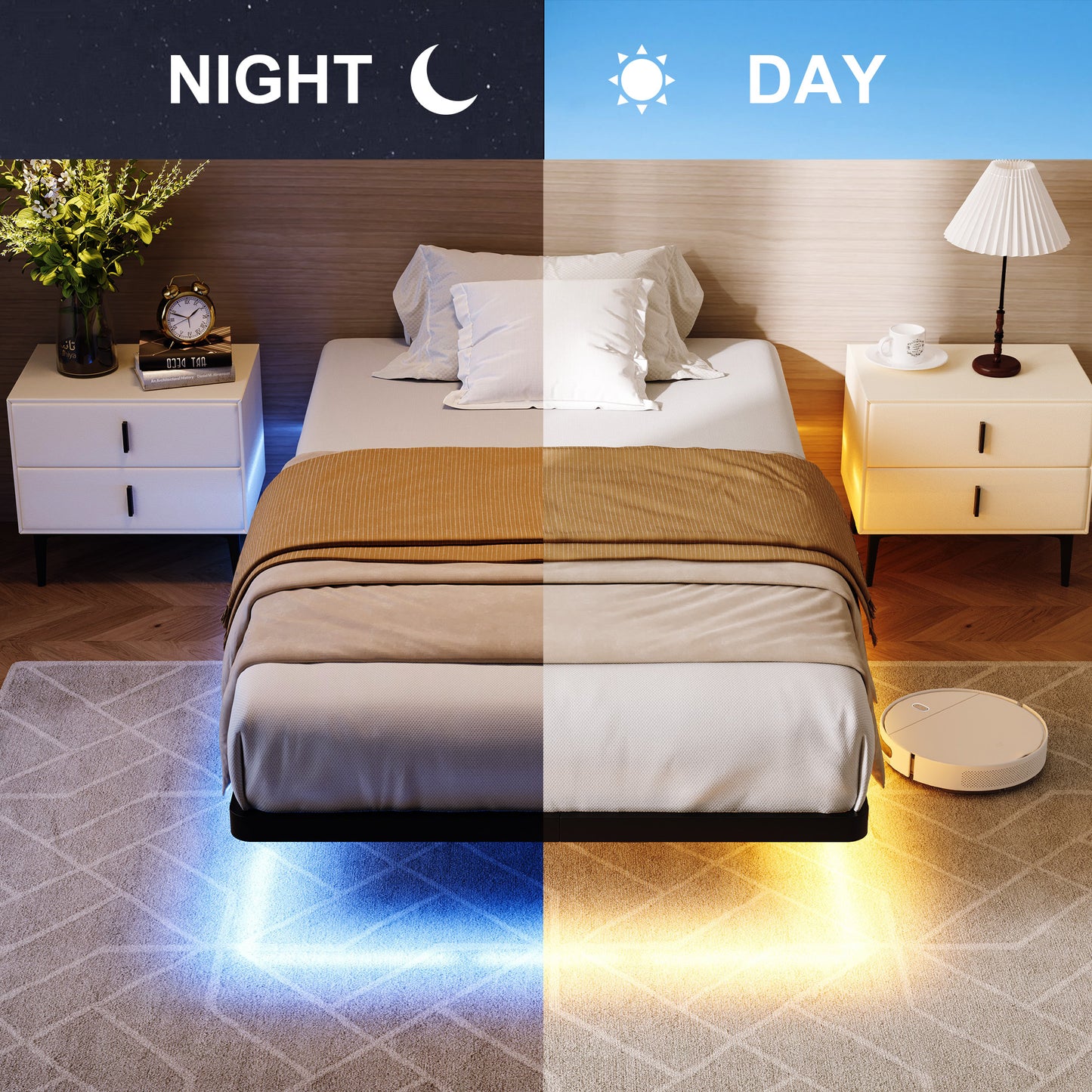 Amolife Heavy Duty Floating Bed Frame with Smart LED Lights and Charging Station