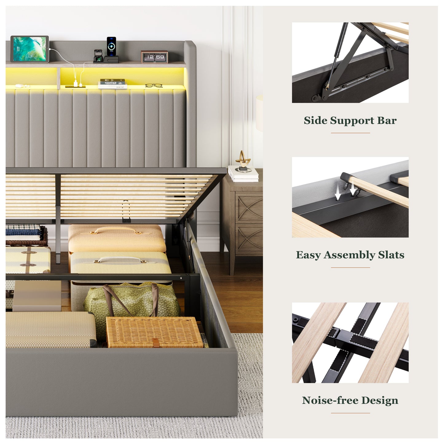 Amolife Hydraulic Lift-Up Storage Bed Frame, LED Headboard with Fast Charging (USB/Type-C), 2-Tier Shelves & Velvet Upholstered
