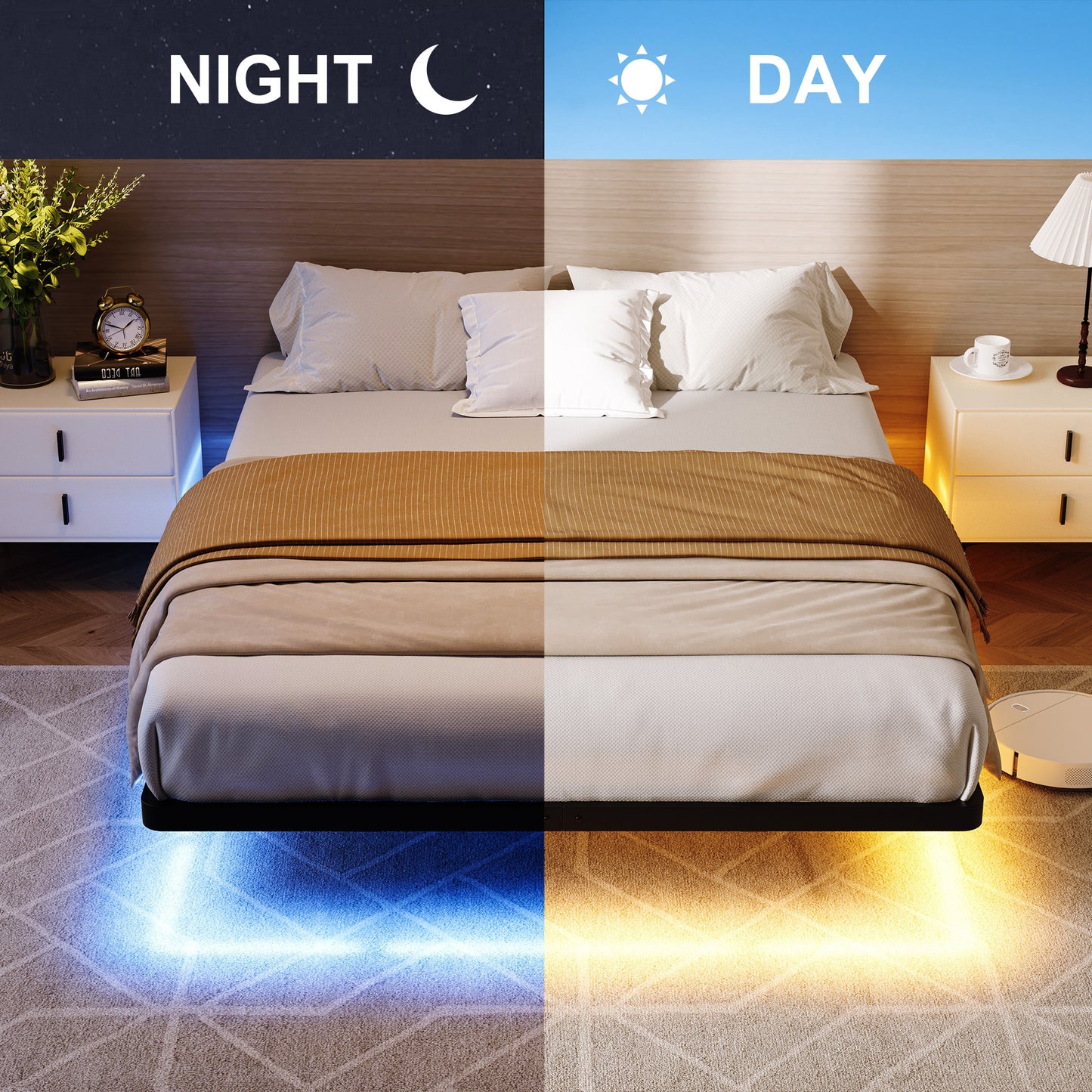 Amolife Heavy Duty Floating Bed Frame with Smart LED Lights and Charging Station