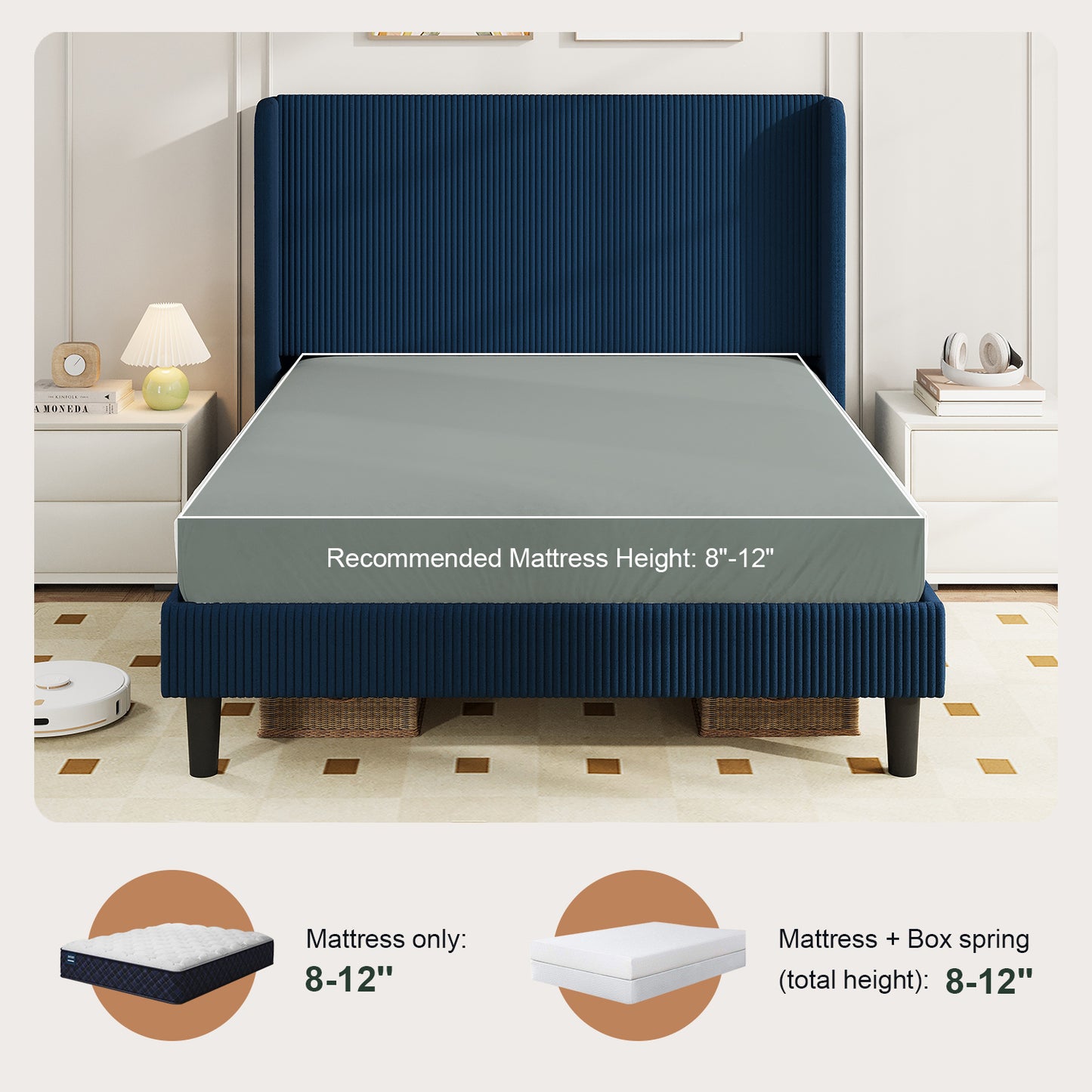 Amolife platform Bed Frame with Upholstered Wingback Headboard, Vertical Channel Tufted Corduroy Velvet