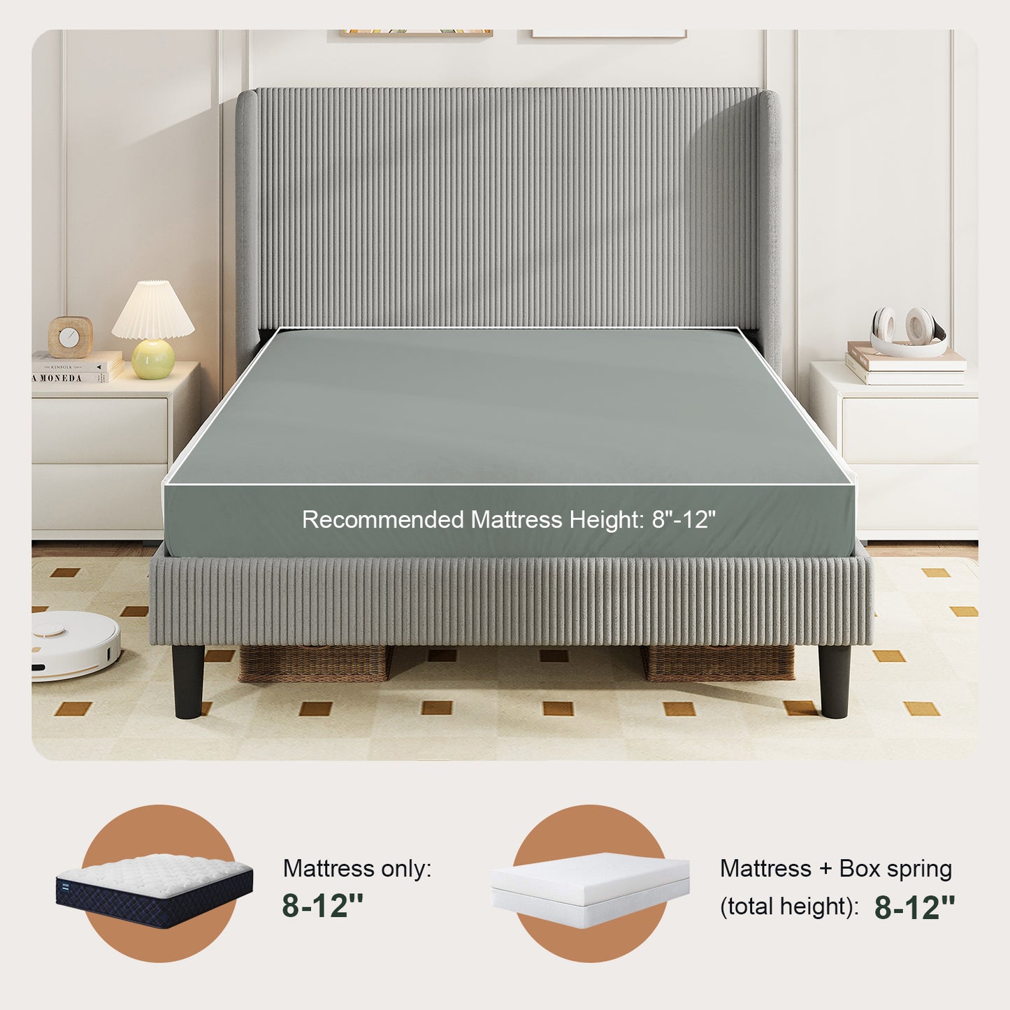 Amolife platform Bed Frame with Upholstered Wingback Headboard, Vertical Channel Tufted Corduroy Velvet