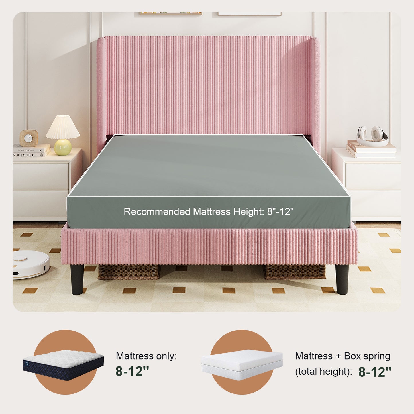 Amolife platform Bed Frame with Upholstered Wingback Headboard, Vertical Channel Tufted Corduroy Velvet