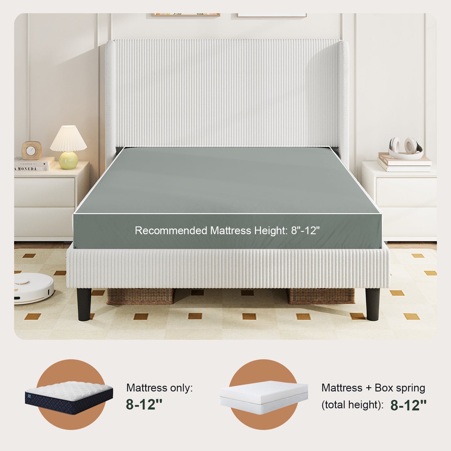 Amolife platform Bed Frame with Upholstered Wingback Headboard, Vertical Channel Tufted Corduroy Velvet