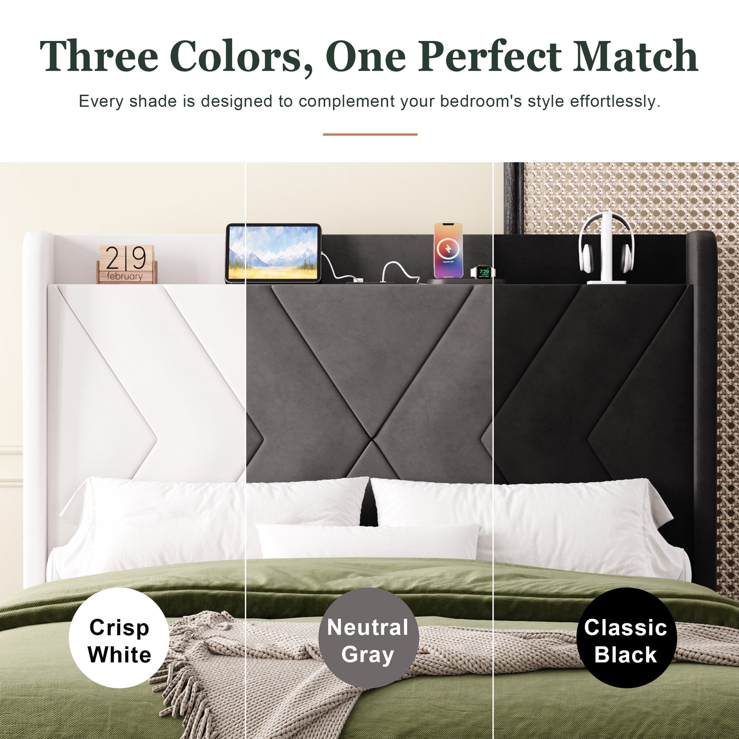 Amolife Platform Bed Frame with 4-in-1 Charging Station & Storage Shelf, Upholstered Velvet Wingback Headboard