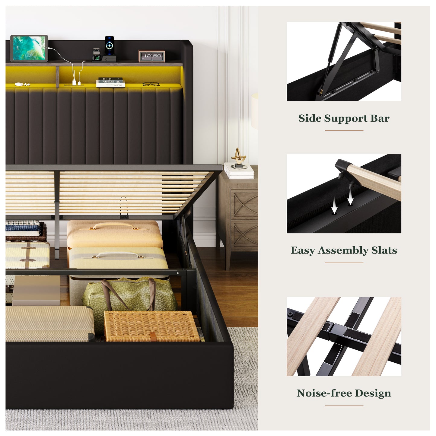 Amolife Hydraulic Lift-Up Storage Bed Frame, LED Headboard with Fast Charging (USB/Type-C), 2-Tier Shelves & Velvet Upholstered