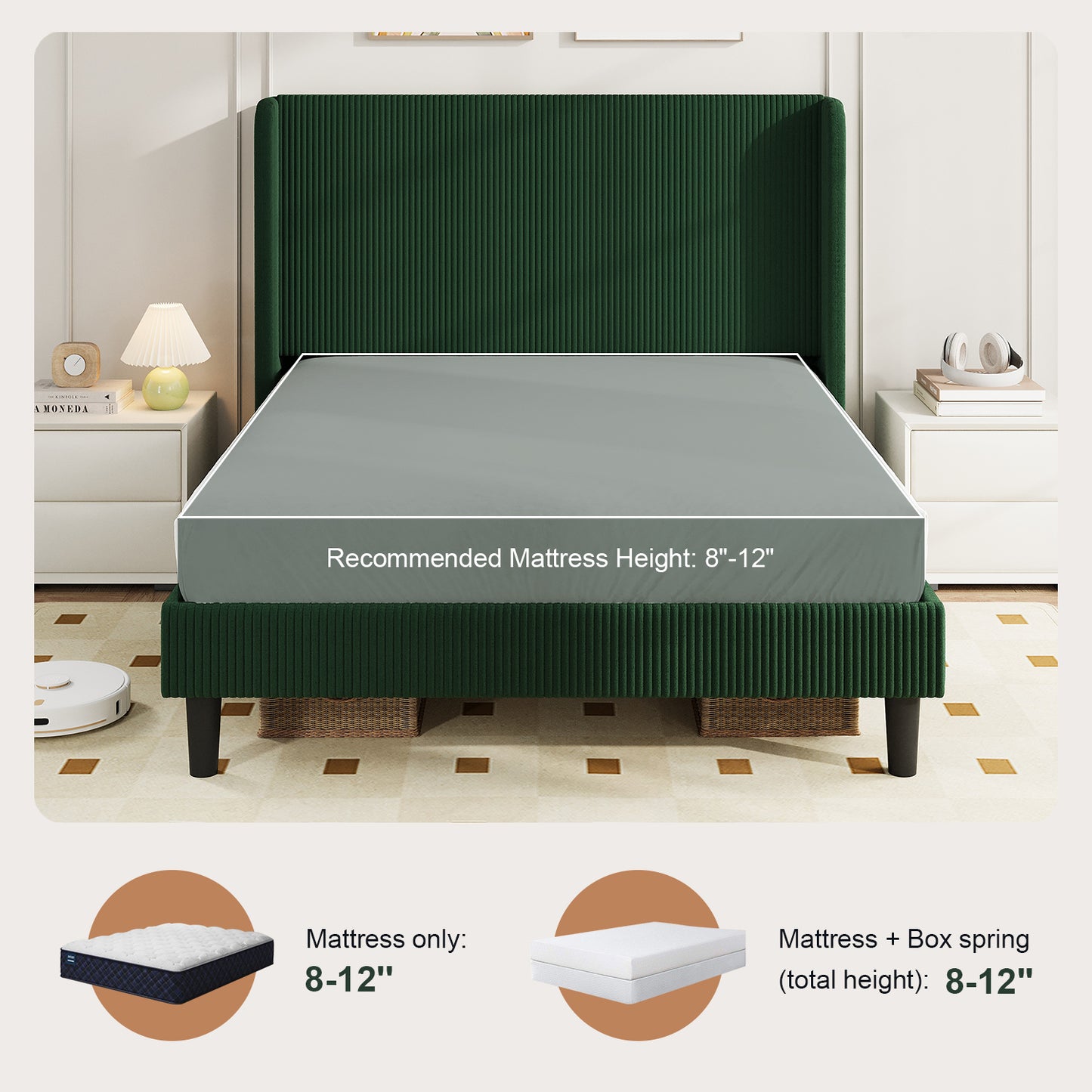 Amolife platform Bed Frame with Upholstered Wingback Headboard, Vertical Channel Tufted Corduroy Velvet