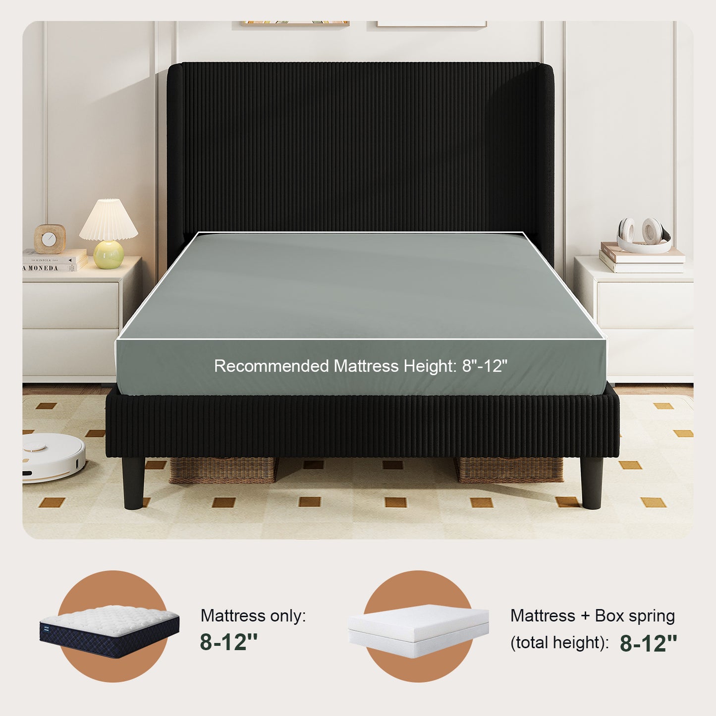 Amolife platform Bed Frame with Upholstered Wingback Headboard, Vertical Channel Tufted Corduroy Velvet