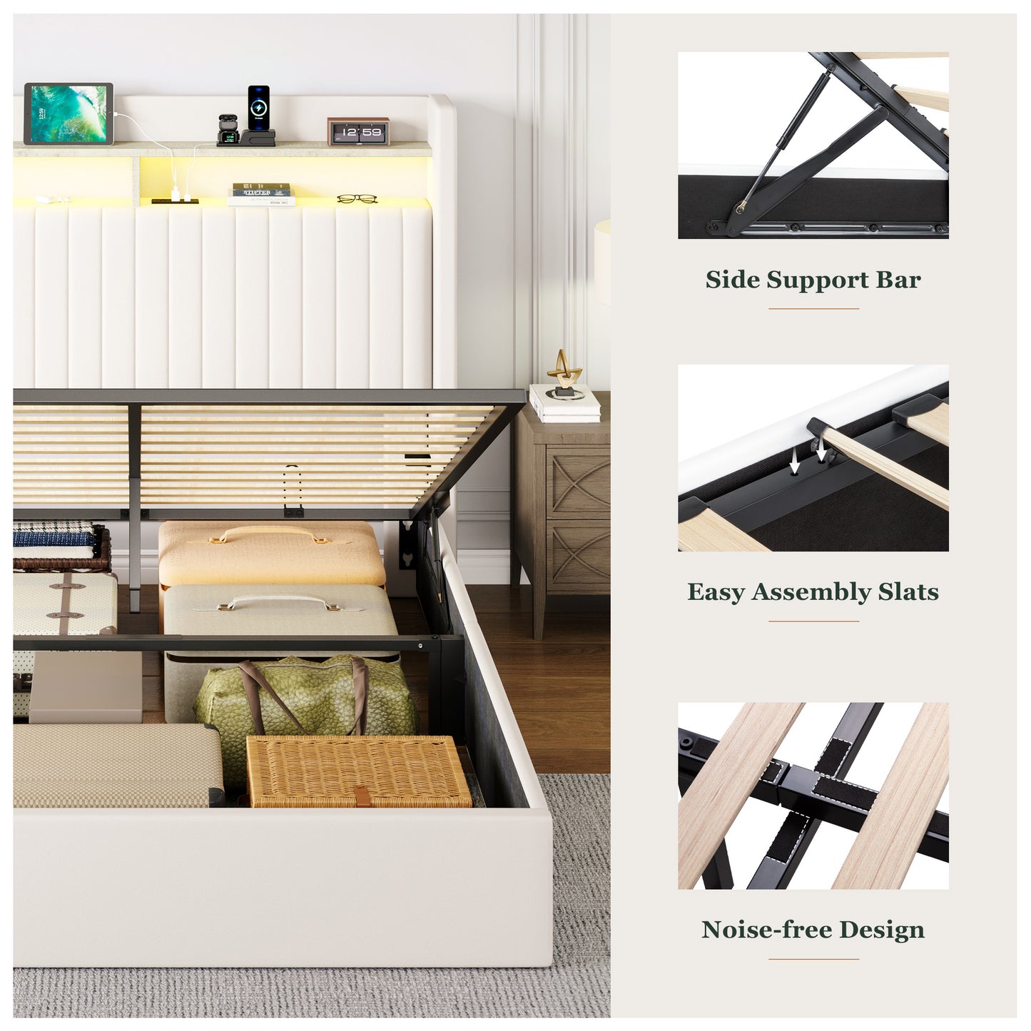 Amolife Hydraulic Lift-Up Storage Bed Frame, LED Headboard with Fast Charging (USB/Type-C), 2-Tier Shelves & Velvet Upholstered