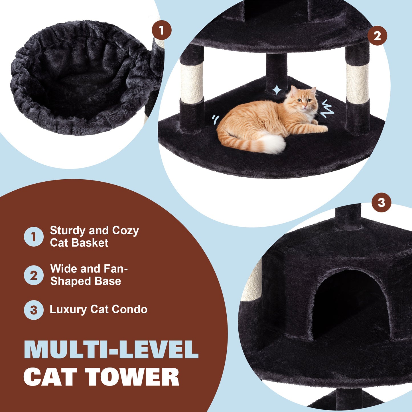Amolife 73.6" Extra Large Corner Cat Tree, Fan-Shaped Tower with Scratching Posts & Condo House for Indoor Cats