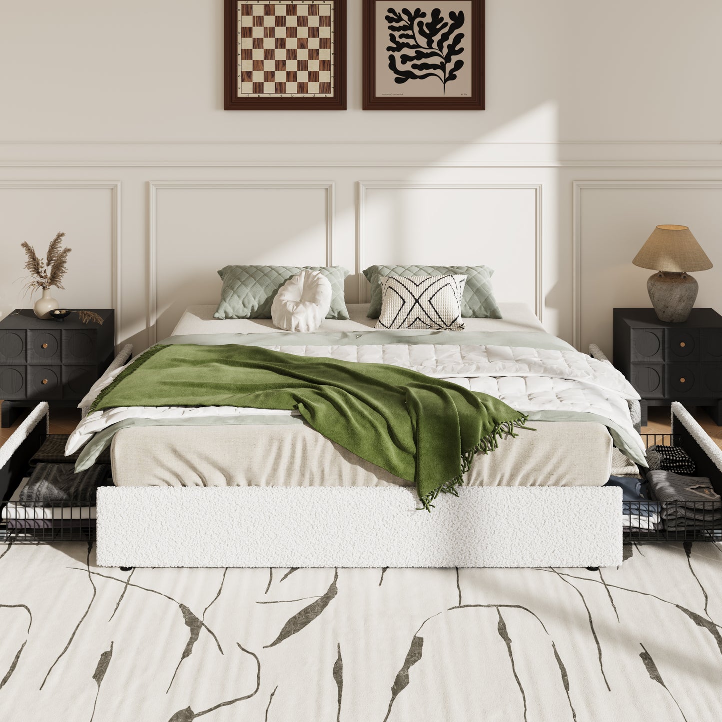 Amolife Platform Bed Frame with Plush Boucle Upholstery & 4 Storage Drawers