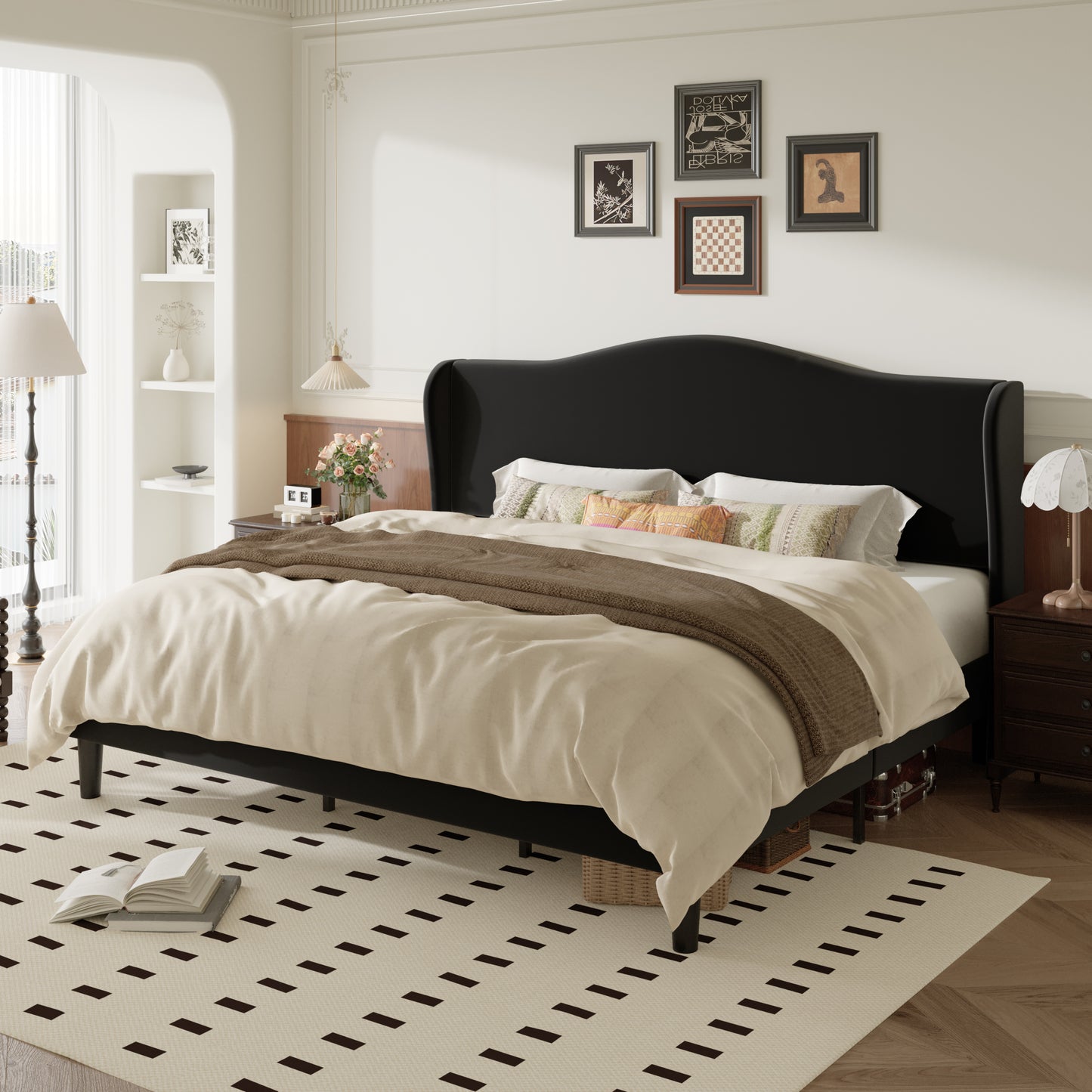 Amolife Bed Frame with Velvet Upholstered Wingback Headboard, Personalized Platform Bed, No Box Spring Required