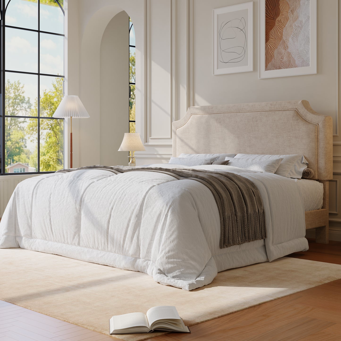 Amolife Bed Frame, Upholstered Platform Bed with Streamlined Adjustable Headboard, No Box Spring Required