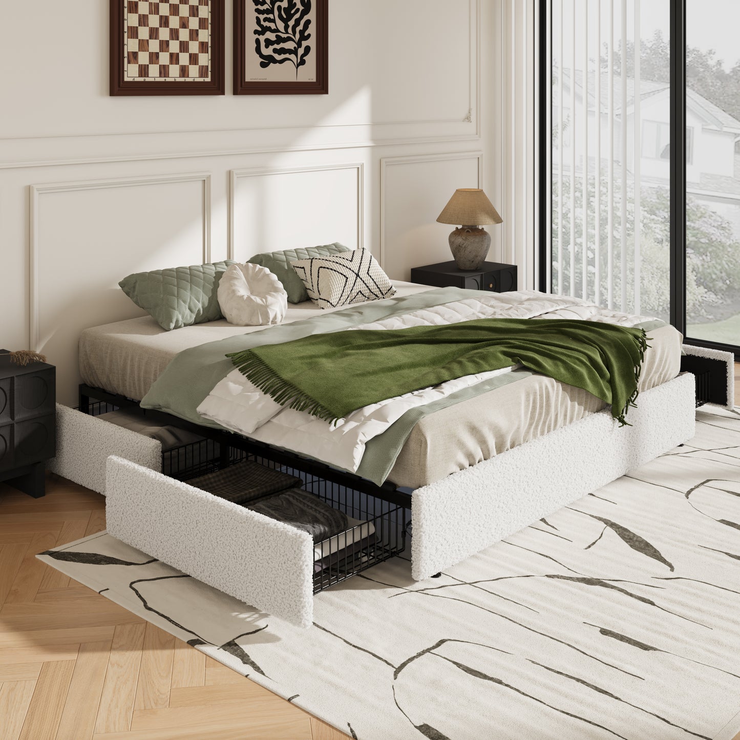 Amolife Platform Bed Frame with Plush Boucle Upholstery & 4 Storage Drawers