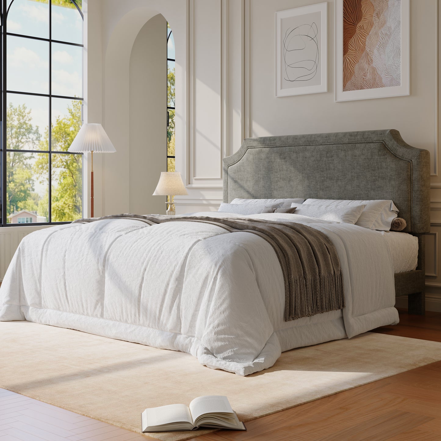 Amolife Bed Frame, Upholstered Platform Bed with Streamlined Adjustable Headboard, No Box Spring Required